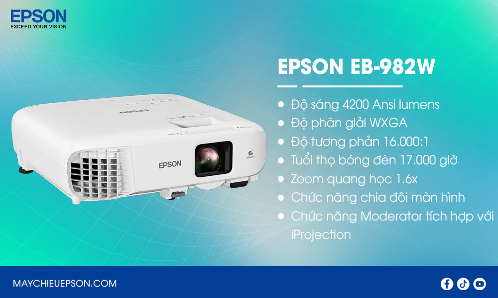Epson EB-982W Máy chiếu WXGA, tối ưu cho giáo dục và doanh nghiệp
