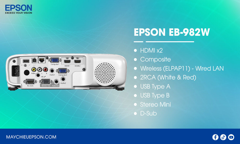 Epson EB-982W Máy chiếu WXGA, tối ưu cho giáo dục và doanh nghiệp